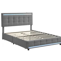 Simple Life Lit 140x200 cm avec tiroirs, capitonné, rangement, LED, 2 chargeurs USB, sommier à lattes, gris. Best