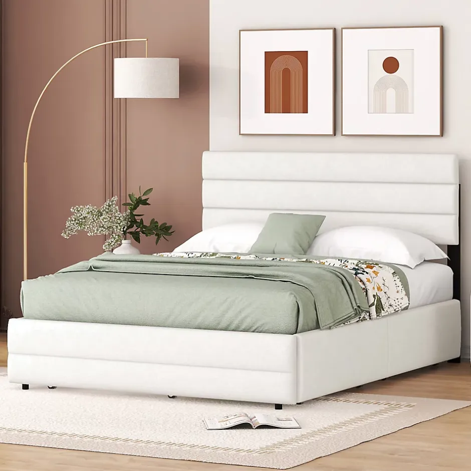Redom Lit 140x200 cm avec tiroirs de rangement et lit gigogne, tête tapissée lin beige, cadre MDF robuste Best