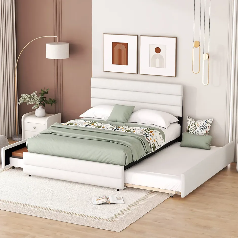 Redom Lit 140x200 cm avec tiroirs de rangement et lit gigogne, tête tapissée lin beige, cadre MDF robuste Best