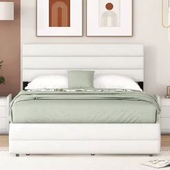 Redom Lit 140x200 cm avec tiroirs de rangement et lit gigogne, tête tapissée lin beige, cadre MDF robuste Best