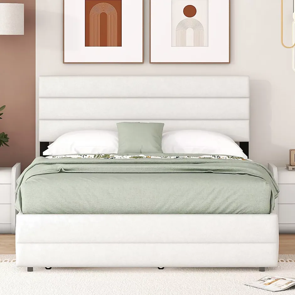Redom Lit 140x200 cm avec tiroirs de rangement et lit gigogne, tête tapissée lin beige, cadre MDF robuste Best