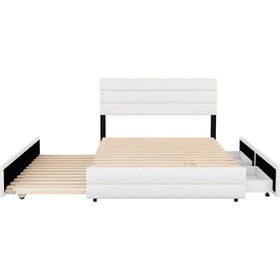 Redom Lit 140x200 cm avec tiroirs de rangement et lit gigogne, tête tapissée lin beige, cadre MDF robuste Best