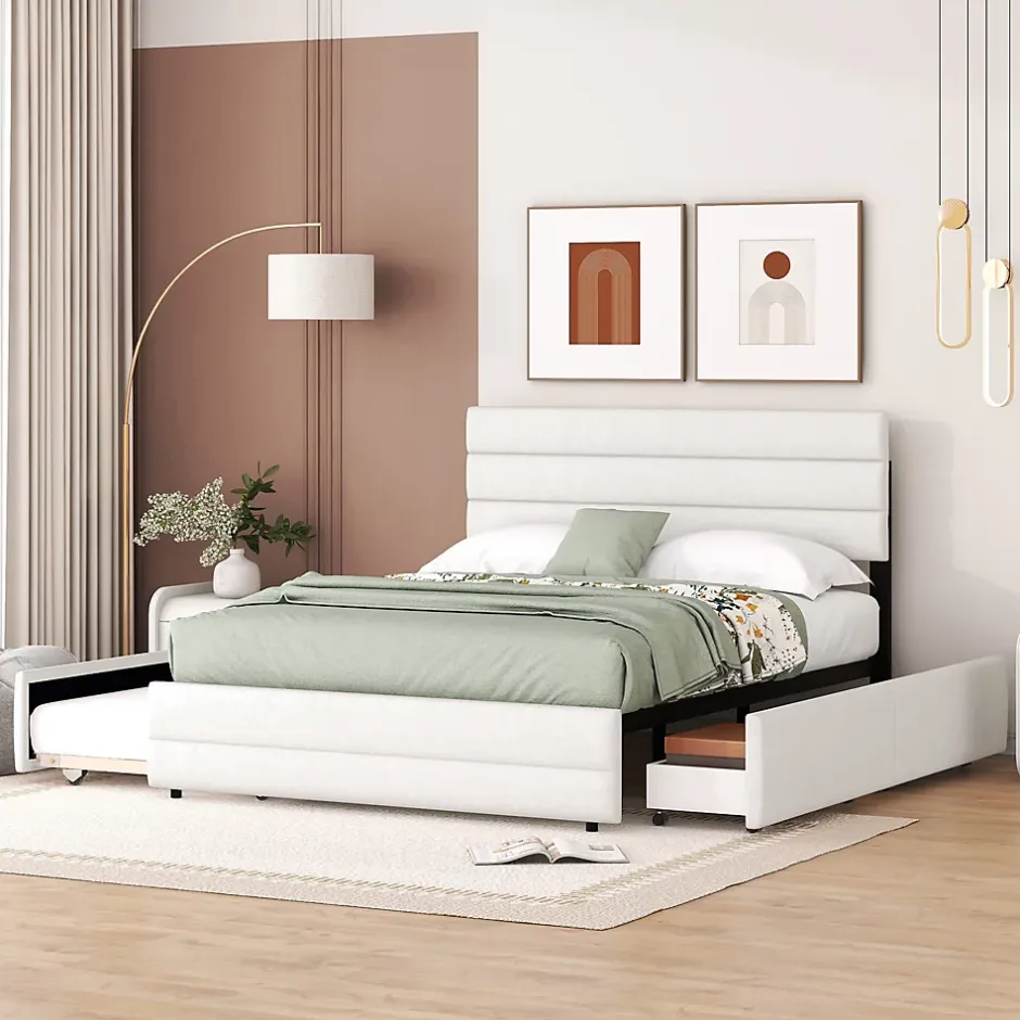 Redom Lit 140x200 cm avec tiroirs de rangement et lit gigogne, tête tapissée lin beige, cadre MDF robuste Best