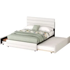 Redom Lit 140x200 cm avec tiroirs de rangement et lit gigogne, tête tapissée lin beige, cadre MDF robuste Best