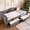 Redom Lit 90x190 cm avec tiroirs de rangement et ports USB C, cadre tapissee lin gris et tete capitonnee vintage Online
