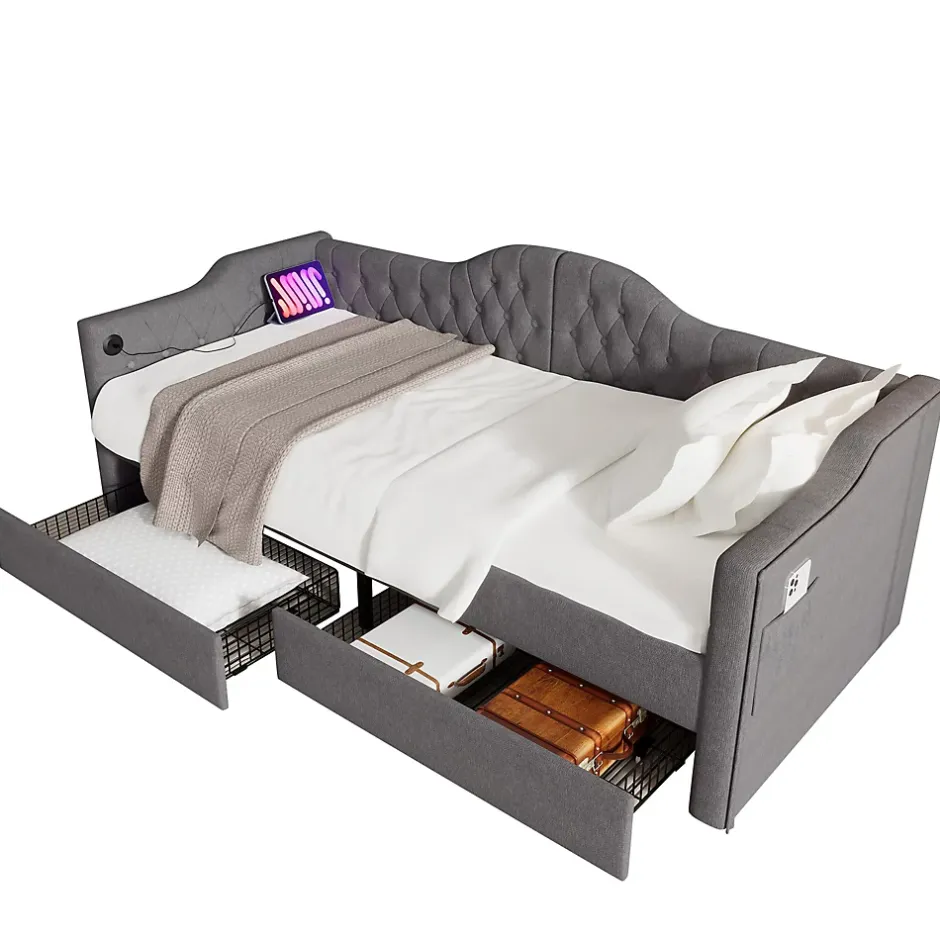 Redom Lit 90x190 cm avec tiroirs de rangement et ports USB C, cadre tapissee lin gris et tete capitonnee vintage Online