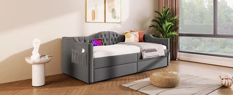 Redom Lit 90x190 cm avec tiroirs de rangement et ports USB C, cadre tapissee lin gris et tete capitonnee vintage Online