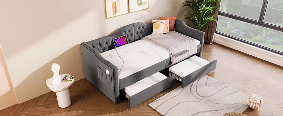 Redom Lit 90x190 cm avec tiroirs de rangement et ports USB C, cadre tapissee lin gris et tete capitonnee vintage Online