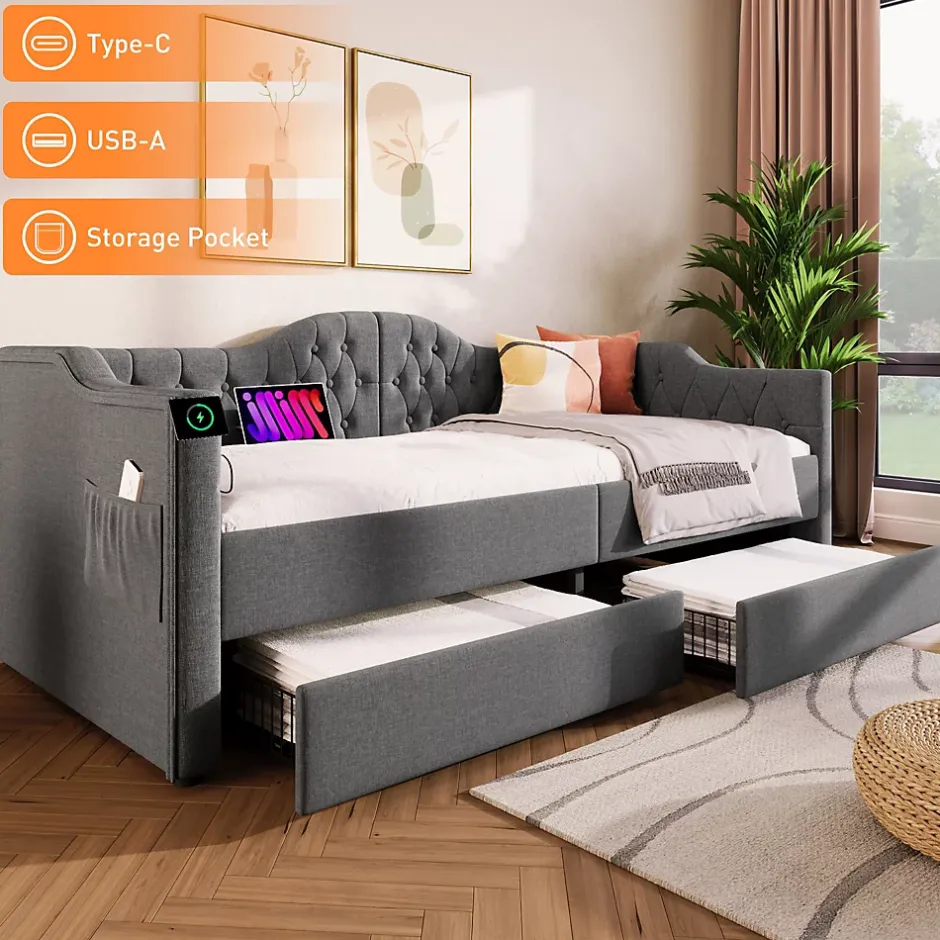 Redom Lit 90x190 cm avec tiroirs de rangement et ports USB C, cadre tapissee lin gris et tete capitonnee vintage Online