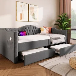 Redom Lit 90x190 cm avec tiroirs de rangement et ports USB C, cadre tapissee lin gris et tete capitonnee vintage Online