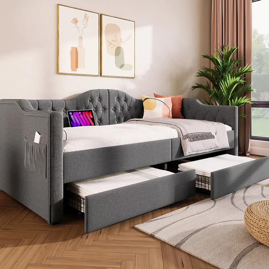 Redom Lit 90x190 cm avec tiroirs de rangement et ports USB C, cadre tapissee lin gris et tete capitonnee vintage Online