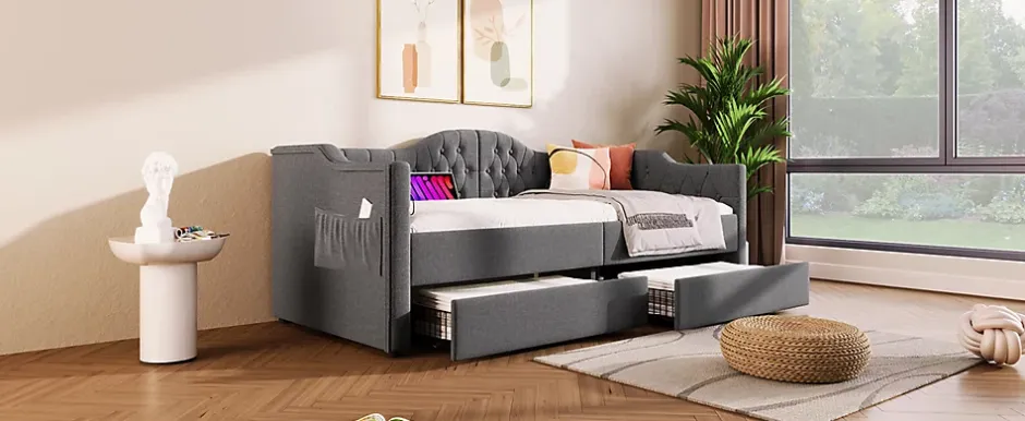 Redom Lit 90x190 cm avec tiroirs de rangement et ports USB C, cadre tapissee lin gris et tete capitonnee vintage Online