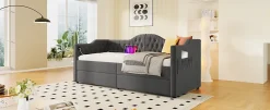 Redom Lit 90x190 cm avec tiroirs de rangement et ports USB C, cadre tapissee lin gris et tete capitonnee vintage Online