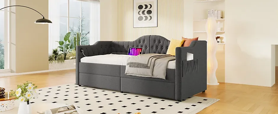 Redom Lit 90x190 cm avec tiroirs de rangement et ports USB C, cadre tapissee lin gris et tete capitonnee vintage Online