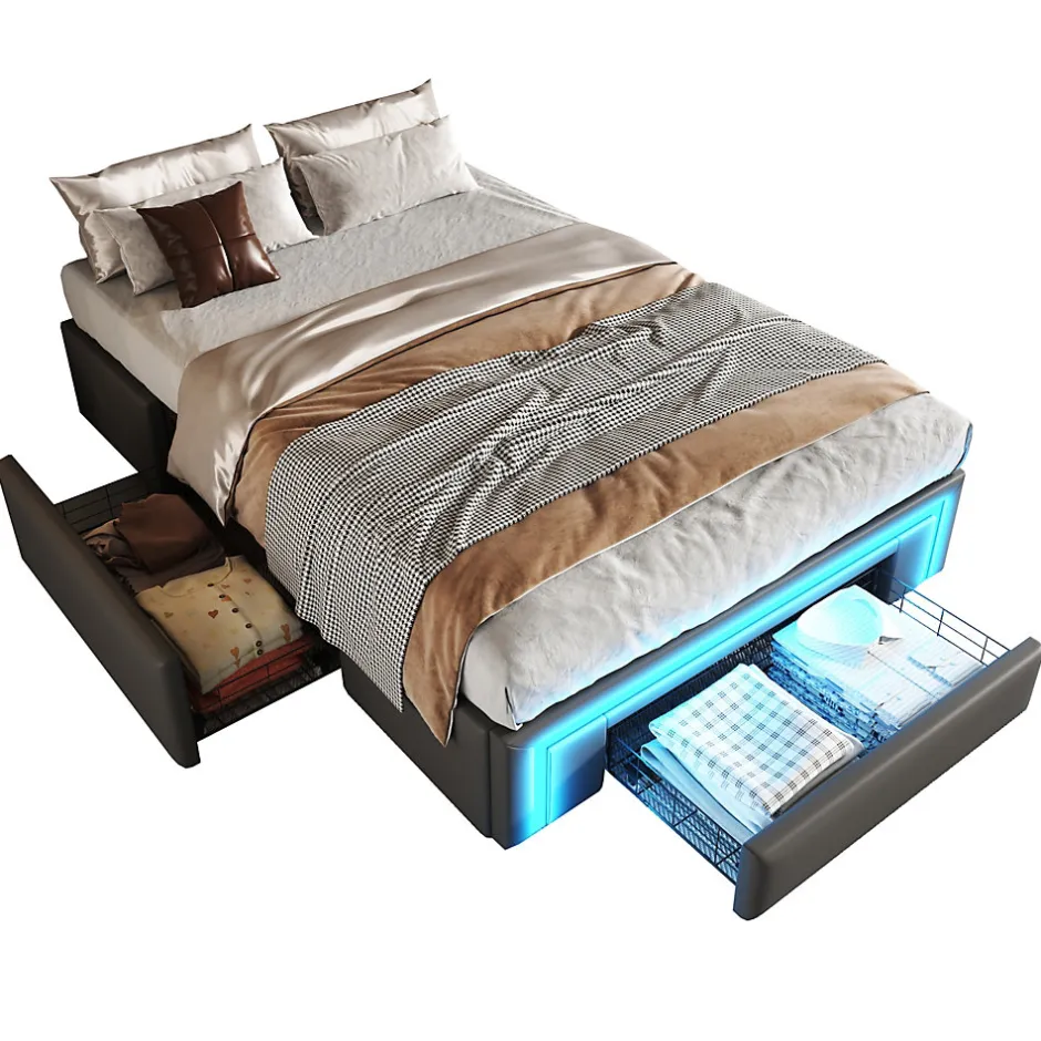 Redom Lit 90x200 cm avec tiroirs de rangement, tapissee PU cuir gris et bande LED RGB, cadre metal robuste, sans tete de lit