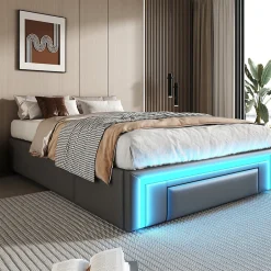 Redom Lit 90x200 cm avec tiroirs de rangement, tapissee PU cuir gris et bande LED RGB, cadre metal robuste, sans tete de lit
