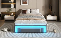 Redom Lit 90x200 cm avec tiroirs de rangement, tapissee PU cuir gris et bande LED RGB, cadre metal robuste, sans tete de lit