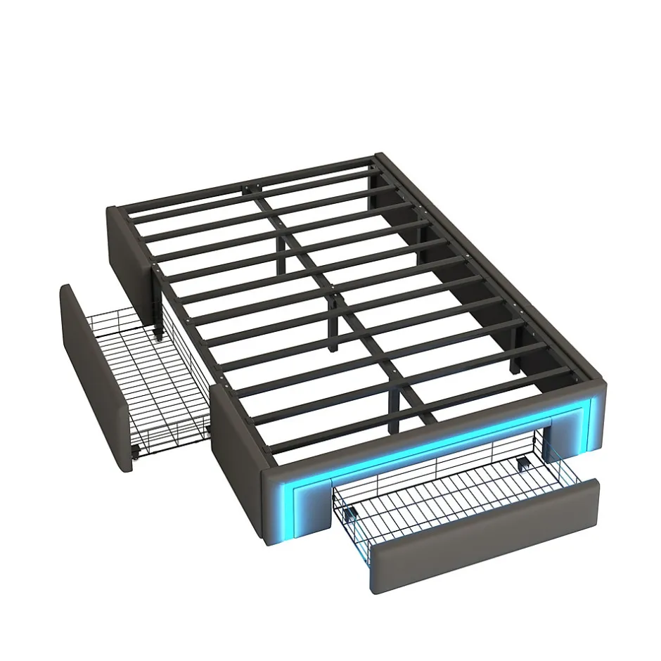 Redom Lit 90x200 cm avec tiroirs de rangement, tapissee PU cuir gris et bande LED RGB, cadre metal robuste, sans tete de lit