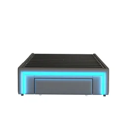 Redom Lit 90x200 cm avec tiroirs de rangement, tapissee PU cuir gris et bande LED RGB, cadre metal robuste, sans tete de lit