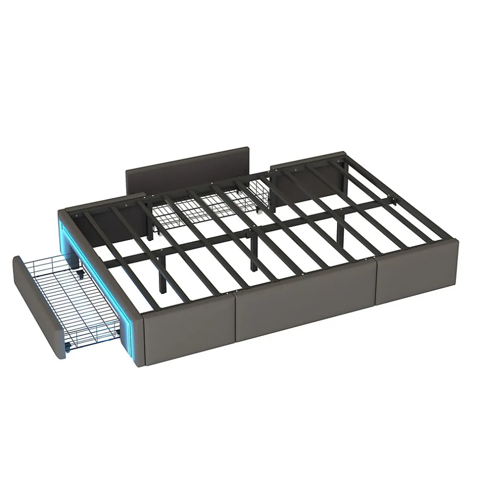 Redom Lit 90x200 cm avec tiroirs de rangement, tapissee PU cuir gris et bande LED RGB, cadre metal robuste, sans tete de lit