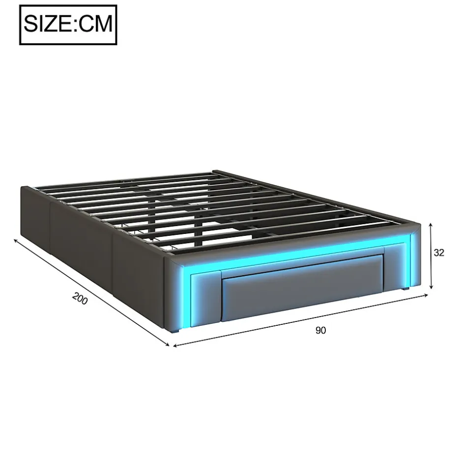 Redom Lit 90x200 cm avec tiroirs de rangement, tapissee PU cuir gris et bande LED RGB, cadre metal robuste, sans tete de lit