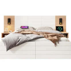 Redom Lit 140x200 cm avec tiroirs de rangement et tête de lit avec liseuse 360 et prise USB blanc et chêne