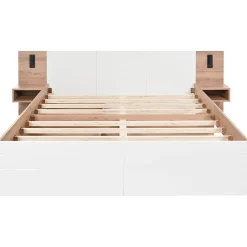 Redom Lit 140x200 cm avec tiroirs de rangement et tête de lit avec liseuse 360 et prise USB blanc et chêne
