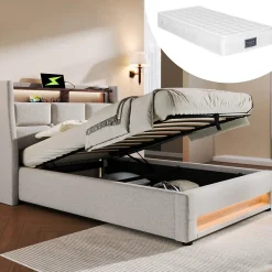 Redom Lit 90x200 cm avec tête capitonnée en lin, éclairage LED multicolore et prise USB intégrée, coffre relevable