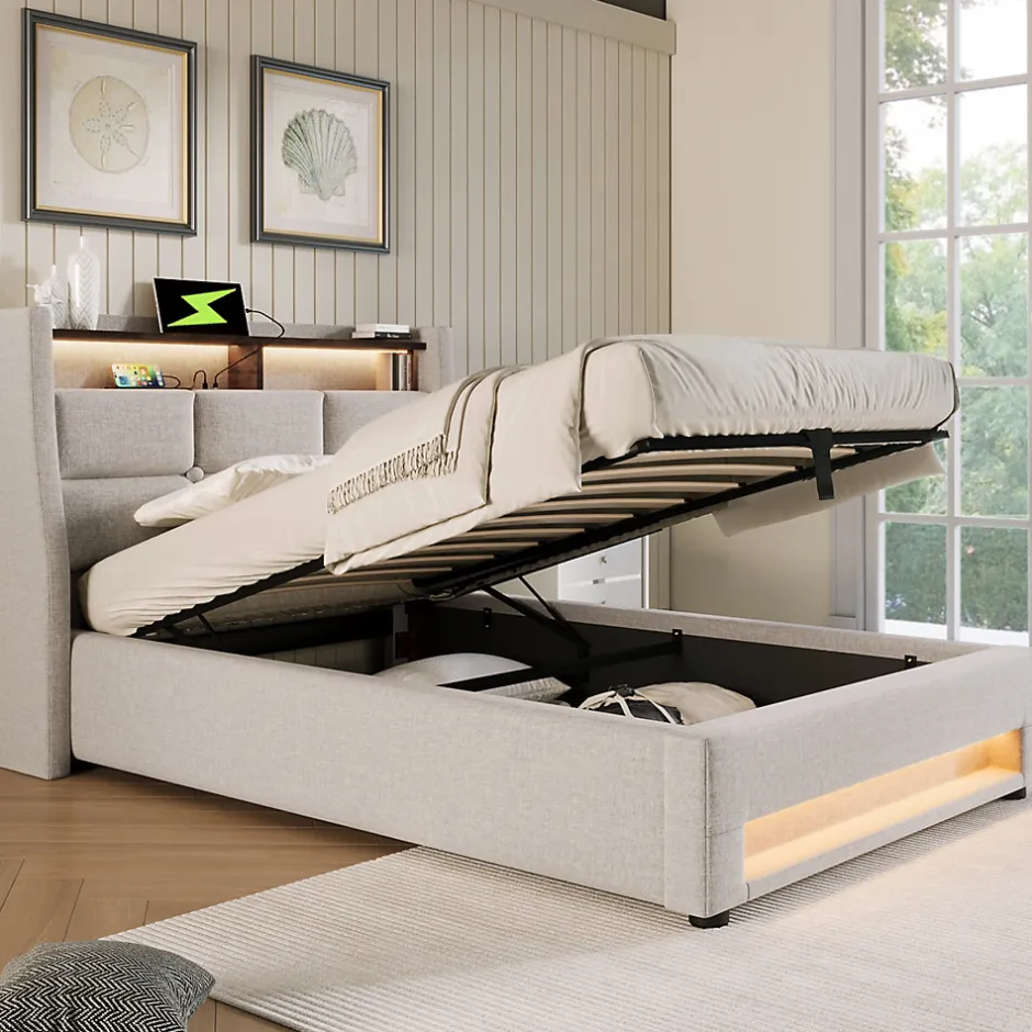 Redom Lit 90x200 cm avec tête capitonnée en lin, éclairage LED multicolore et prise USB intégrée, coffre relevable