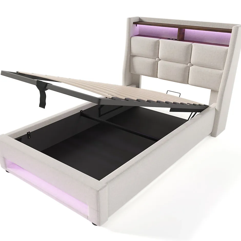 Redom Lit 90x200 cm avec tête capitonnée en lin, éclairage LED multicolore et prise USB intégrée, coffre relevable