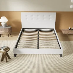 November Lit 160x200 Cm Avec Tête De Lit Boutonnée Simili Blanc Discount