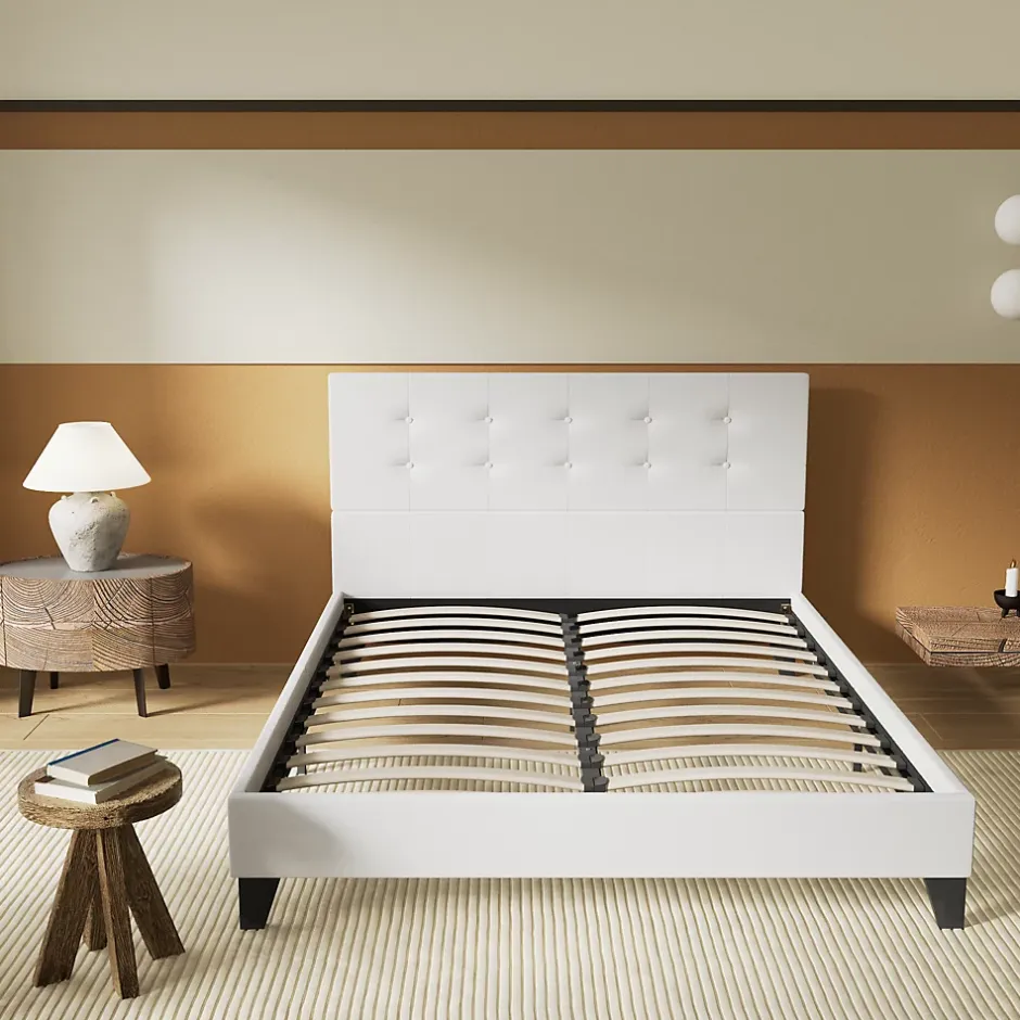 November Lit 160x200 Cm Avec Tête De Lit Boutonnée Simili Blanc Discount