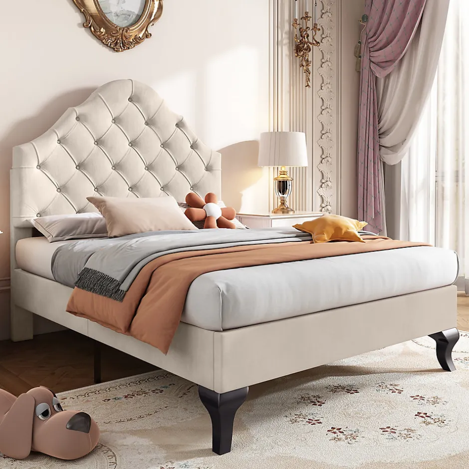 Redom Lit 90x200 cm avec tête de lit réglable et sommier à lattes, revêtement velours beige, design classique New