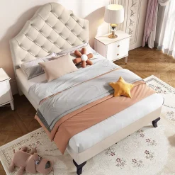 Redom Lit 90x200 cm avec tête de lit réglable et sommier à lattes, revêtement velours beige, design classique New