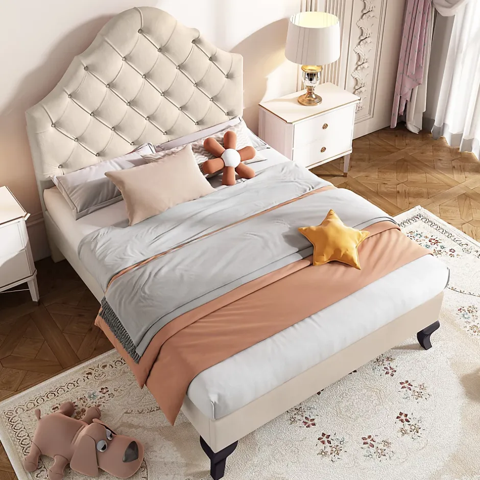 Redom Lit 90x200 cm avec tête de lit réglable et sommier à lattes, revêtement velours beige, design classique New