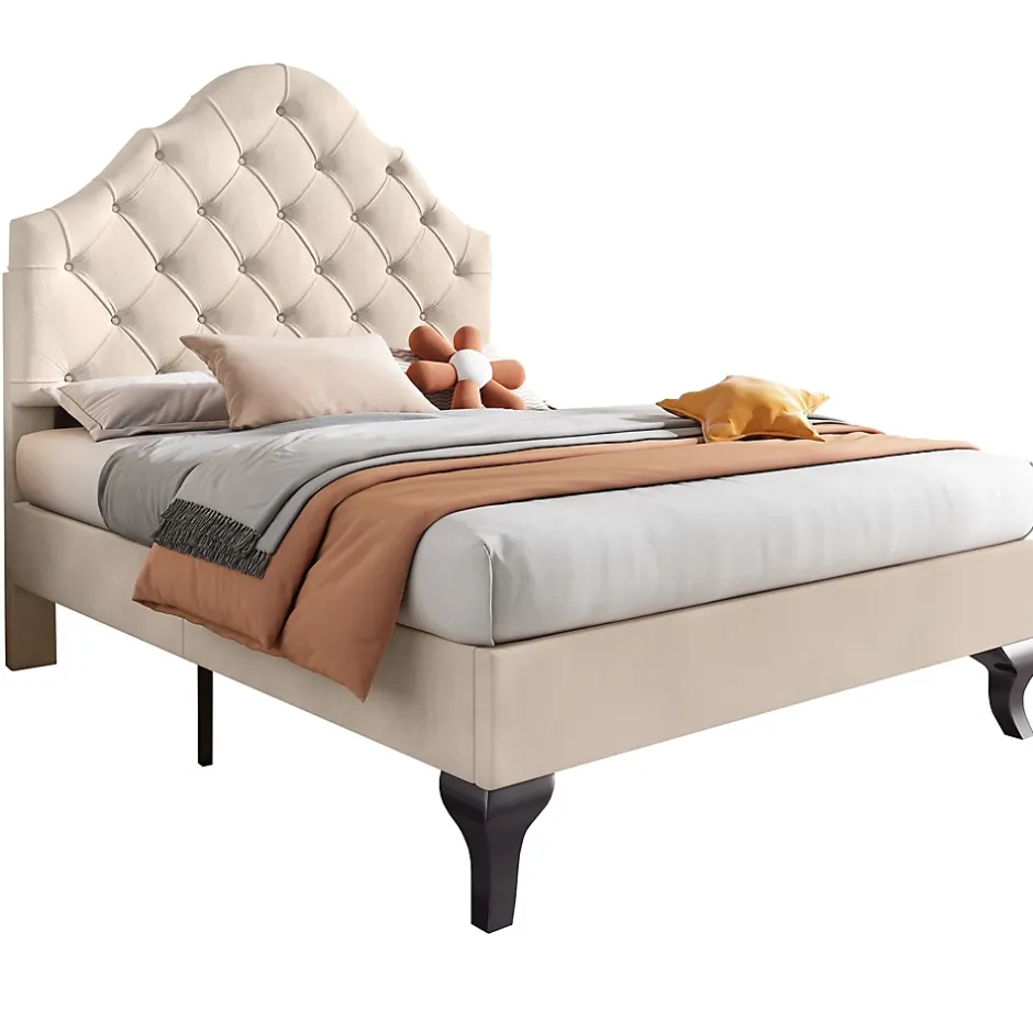 Redom Lit 90x200 cm avec tête de lit réglable et sommier à lattes, revêtement velours beige, design classique New