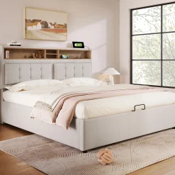 Redom Lit 160x200 cm avec tête de lit réglable et rangement intégré, tapissé lin beige, prise USB/Type-C Hot