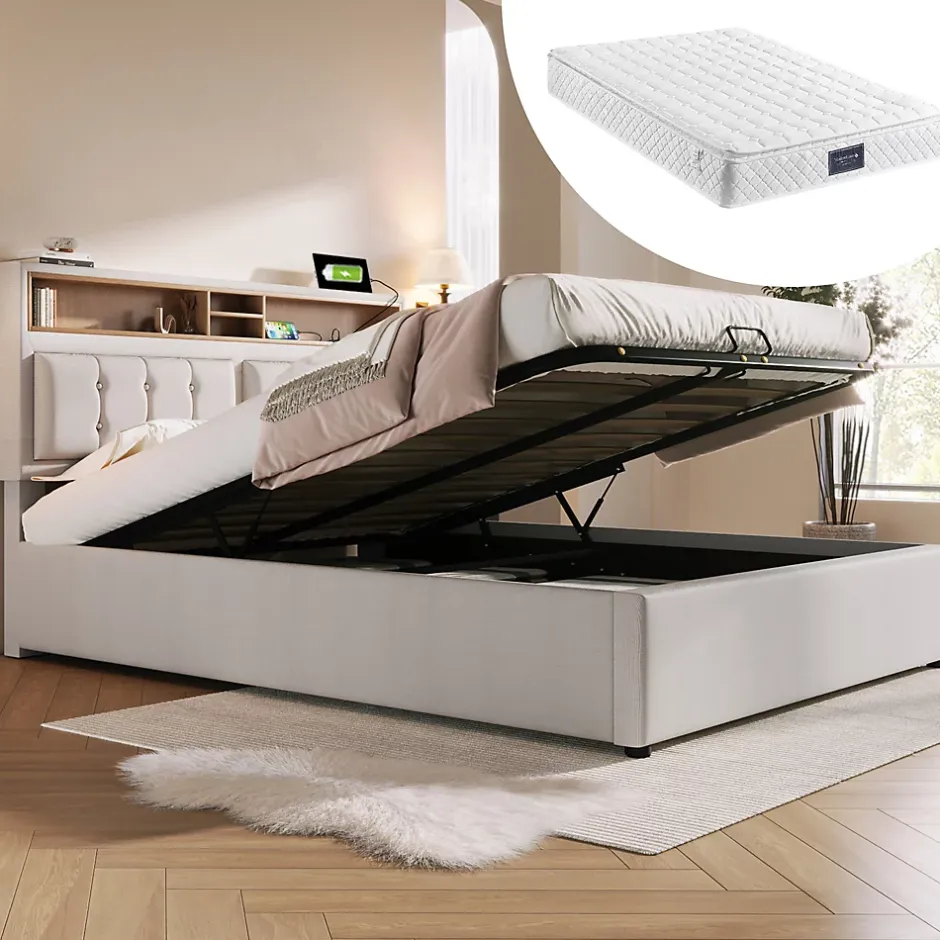 Redom Lit 160x200 cm avec tête de lit réglable et rangement intégré, tapissé lin beige, prise USB/Type-C Hot