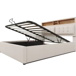 Redom Lit 160x200 cm avec tête de lit réglable et rangement intégré, tapissé lin beige, prise USB/Type-C Hot