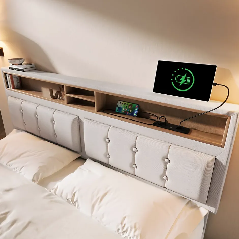 Redom Lit 160x200 cm avec tête de lit réglable et rangement intégré, tapissé lin beige, prise USB/Type-C Hot