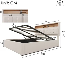 Redom Lit 160x200 cm avec tête de lit réglable et rangement intégré, tapissé lin beige, prise USB/Type-C Hot