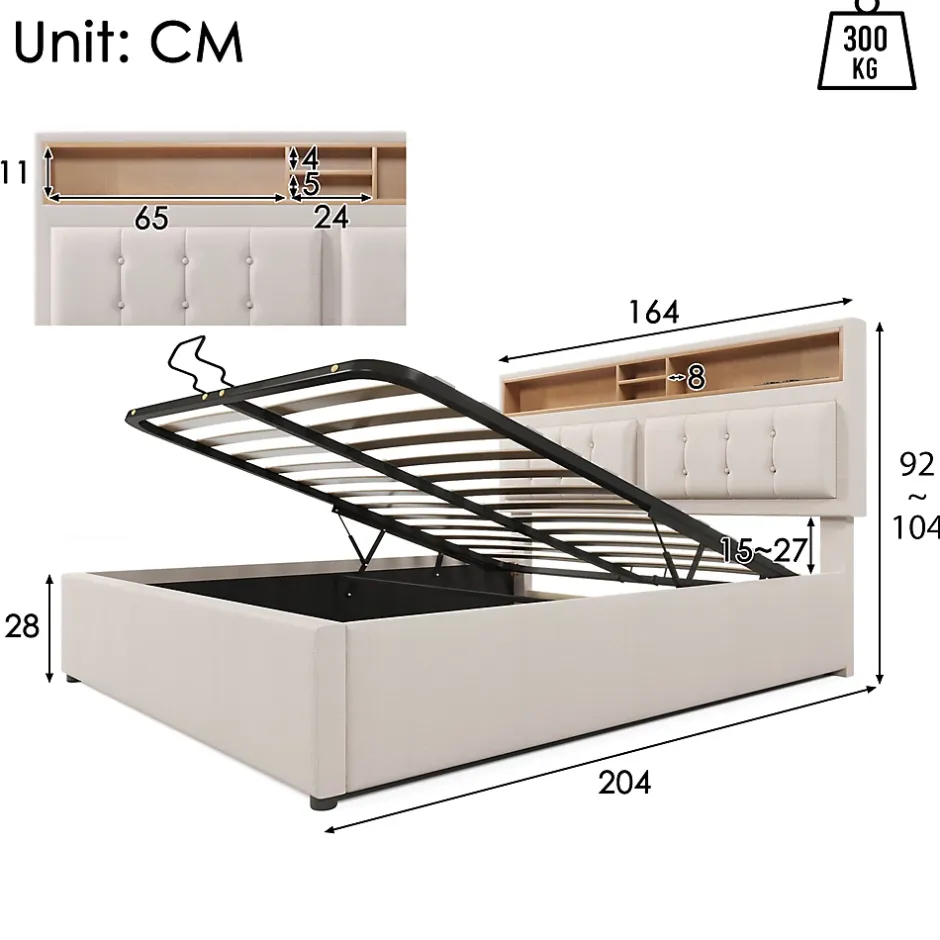 Redom Lit 160x200 cm avec tête de lit réglable et rangement intégré, tapissé lin beige, prise USB/Type-C Hot