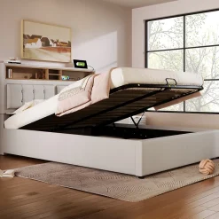 Redom Lit 160x200 cm avec tête de lit réglable et rangement intégré, tapissé lin beige, prise USB/Type-C Hot