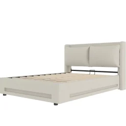 Redom Lit 140x200 cm avec tête de lit fonctionnelle et rangement hydraulique, tapissé lin beige avec LED d'ambiance Sale