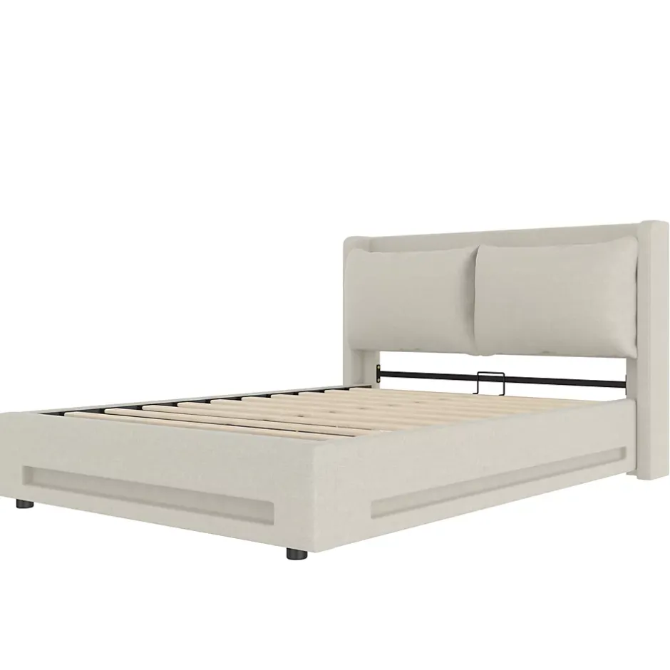 Redom Lit 140x200 cm avec tête de lit fonctionnelle et rangement hydraulique, tapissé lin beige avec LED d'ambiance Sale