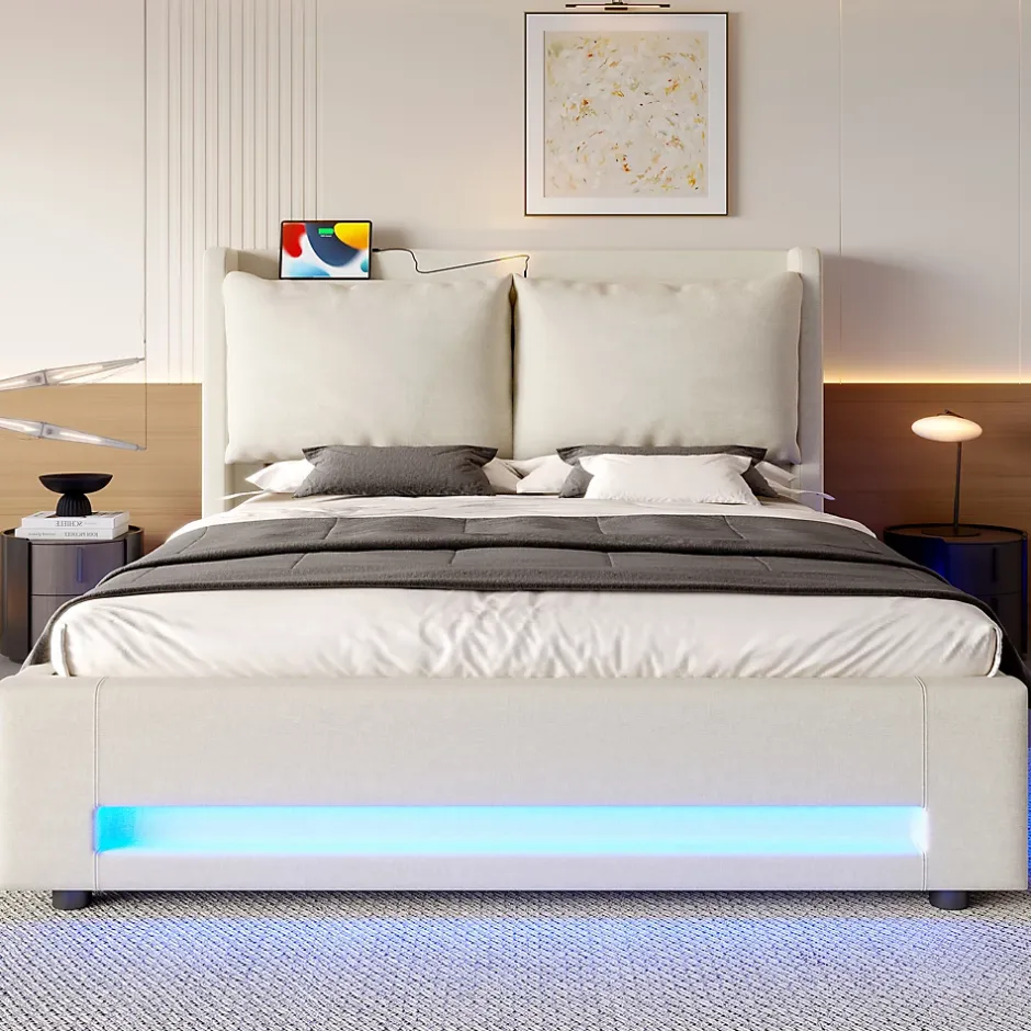 Redom Lit 140x200 cm avec tête de lit fonctionnelle et rangement hydraulique, tapissé lin beige avec LED d'ambiance Sale