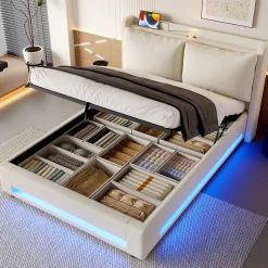 Redom Lit 140x200 cm avec tête de lit fonctionnelle et rangement hydraulique, tapissé lin beige avec LED d'ambiance Sale