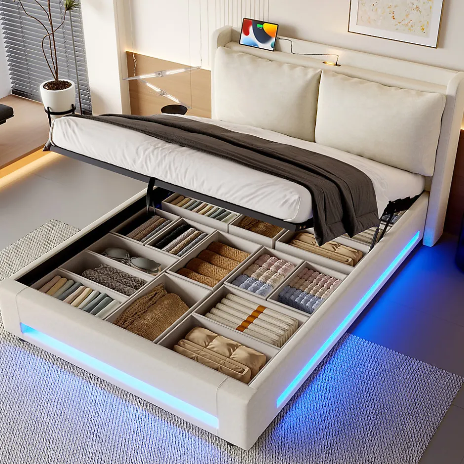 Redom Lit 140x200 cm avec tête de lit fonctionnelle et rangement hydraulique, tapissé lin beige avec LED d'ambiance Sale