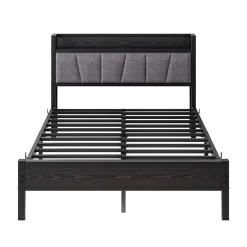 Redom Lit 140x190 cm avec tête de lit rembourrée, cadre métal noir, éclairage LED intégré et rangement Hot