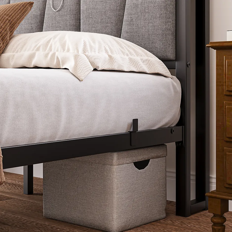 Redom Lit 140x190 cm avec tête de lit rembourrée, cadre métal noir, éclairage LED intégré et rangement Hot